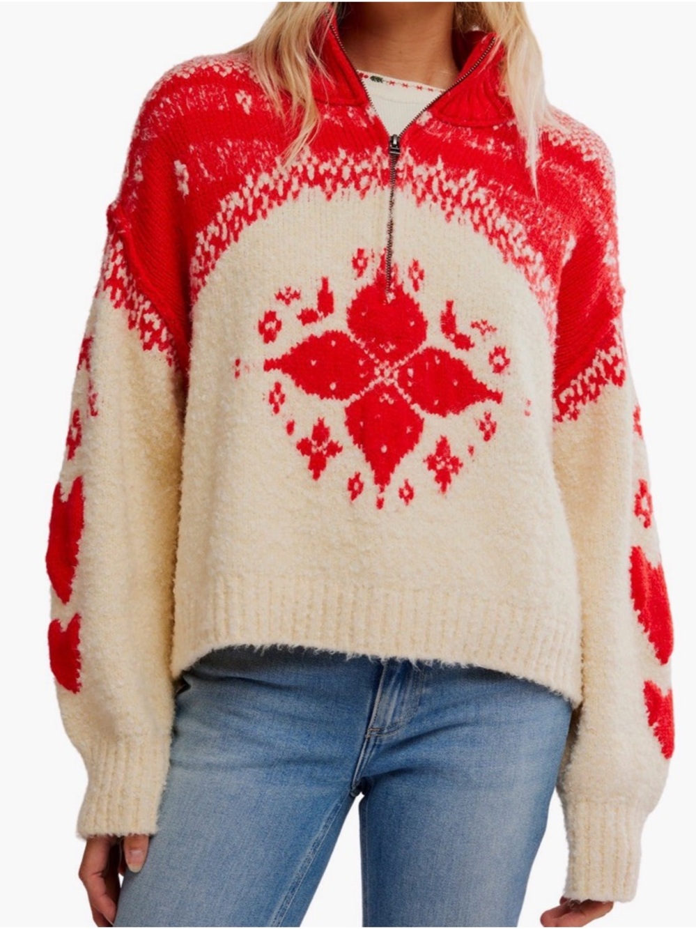 Free People mythical half zip Fair Isle Zip-Neck Sweater vanilla scarlet nwt
